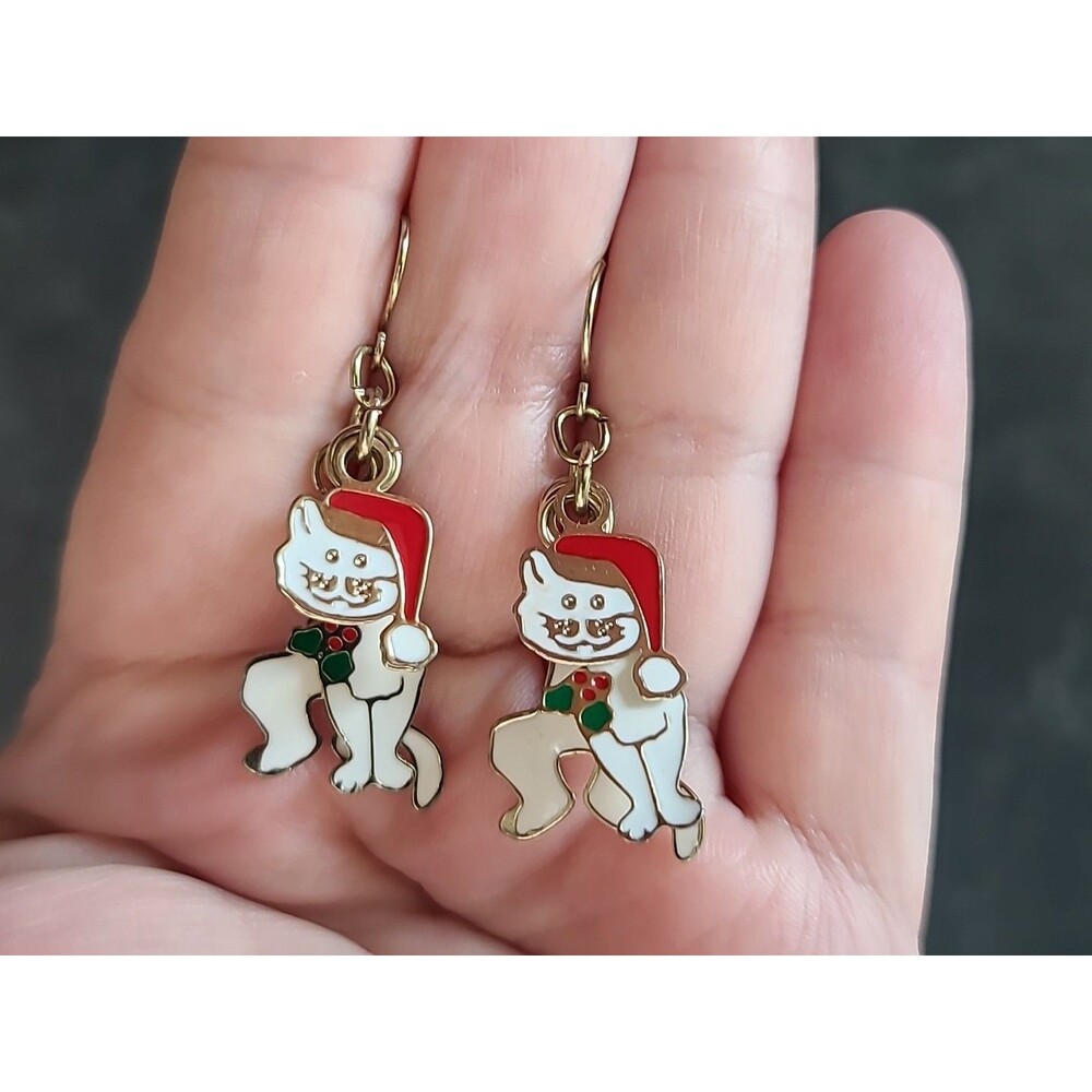 Christmas White Cat Dangling Pierced Earrings Vintage Costume Jewelry
